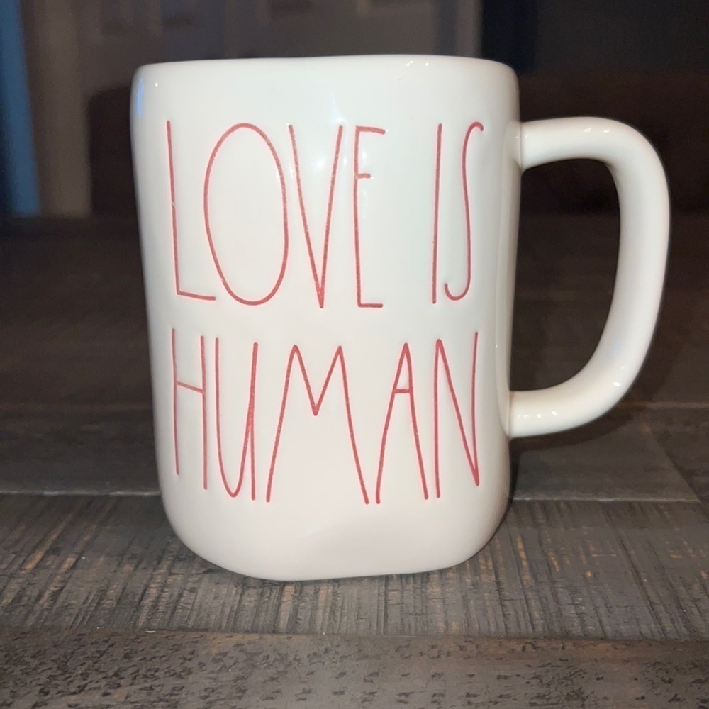 Rae Dunn Love Is Human Coffee Mug Pink Lettering Ivory Ceramic Stoneware Cup